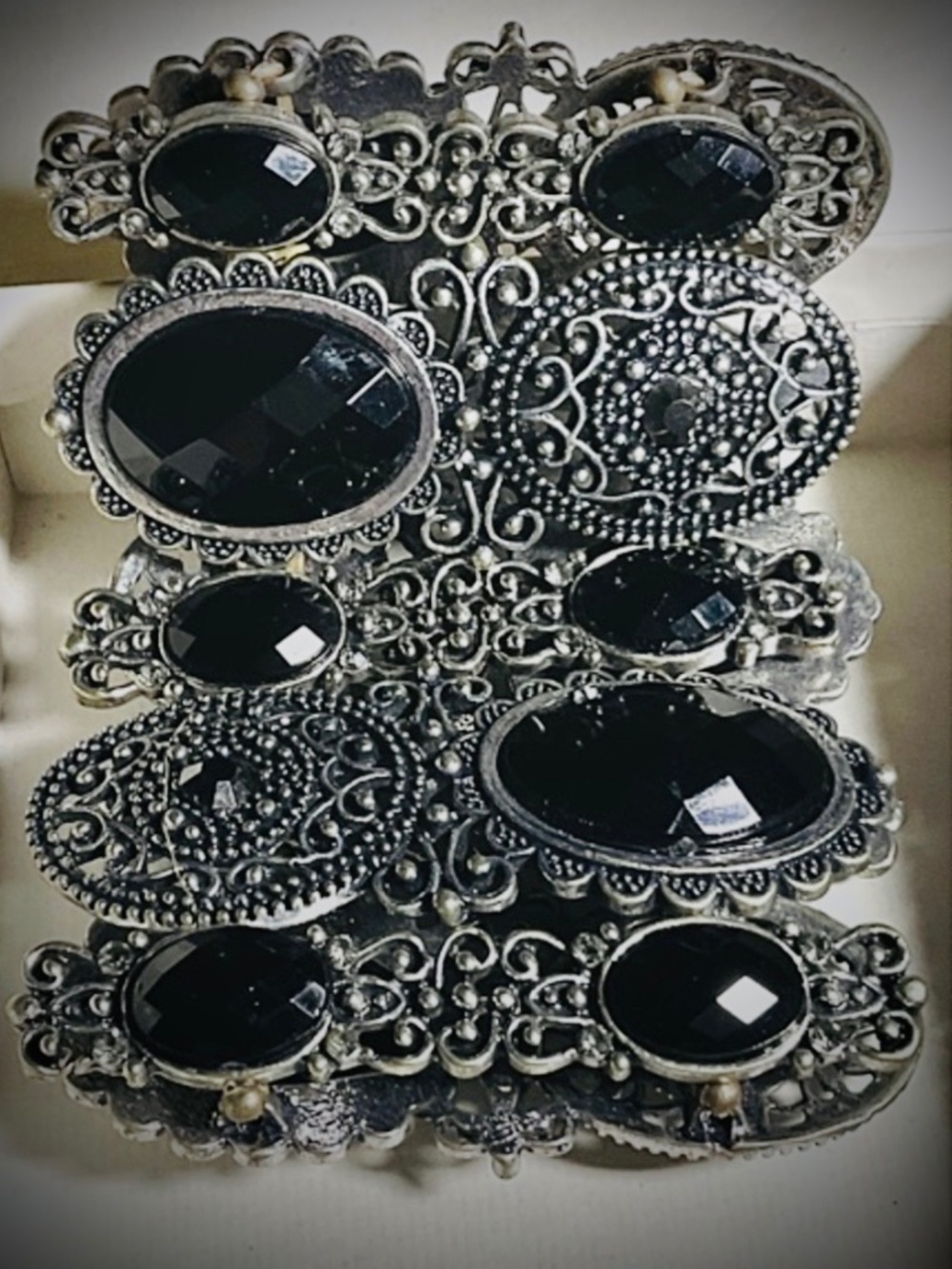 Unique Statement Bracelet Silver Hematite Filagree Stretch Facet Black Gemstone